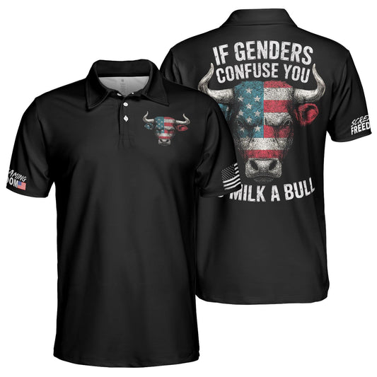 If Genders Confuse You Go Milk A Bull Men's Polo Moisture Wicking Short Sleeve Golf Shirt