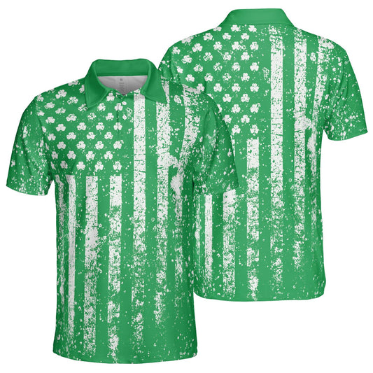 St Patricks Day Shamrock Flag Green Polo Moisture Wicking Short Sleeve Golf Shirt for Men