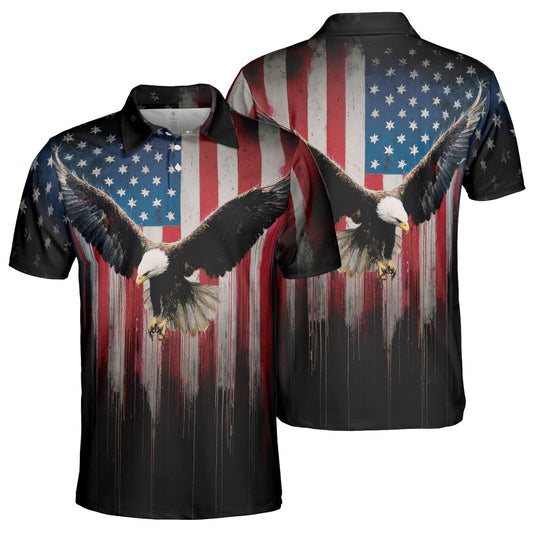 American Flag Eagle Polo Shirt for Men Bold Patriotic USA Freedom Moisture Wicking Short Sleeve Golf Top