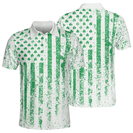St Patricks Day Shamrock Flag White Polo Moisture Wicking Short Sleeve Golf Shirt for Men