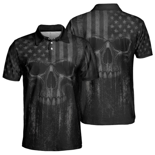 Blackout American Flag Skull Polo Shirt For Men Patriotic Moisture Wicking Short Sleeve Golf Top