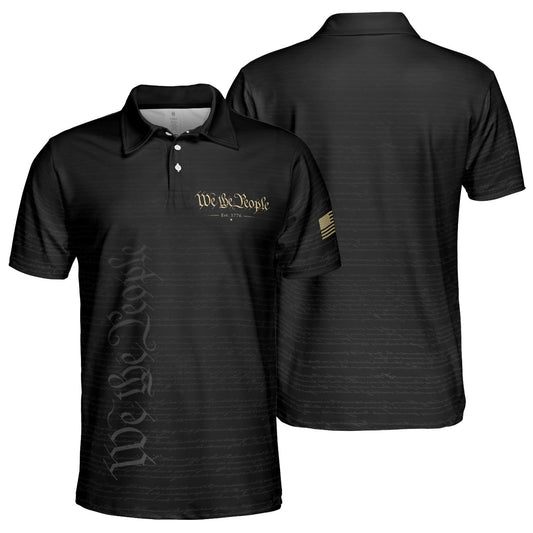 We The People Constitution Black Polo Shirt For Men Est 1776 Patriotic Moisture Wicking Short Sleeve Golf Top