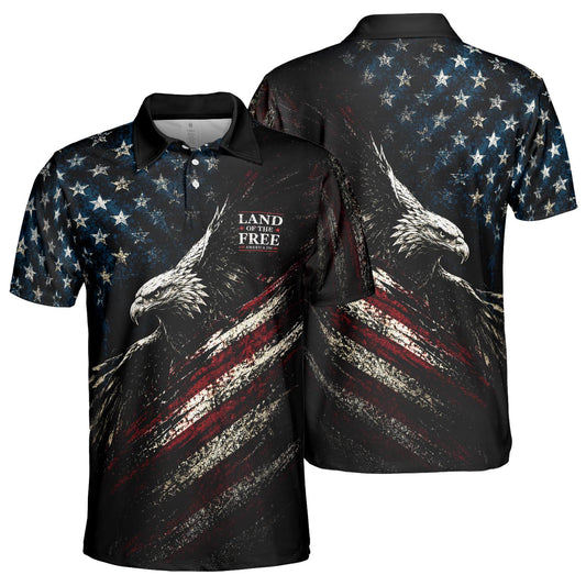 Land of the Free Eagle Polo Shirt for Men Patriotic American Flag 4th of July America 250 Moisture Wicking Short Sleeve Golf Shirt
