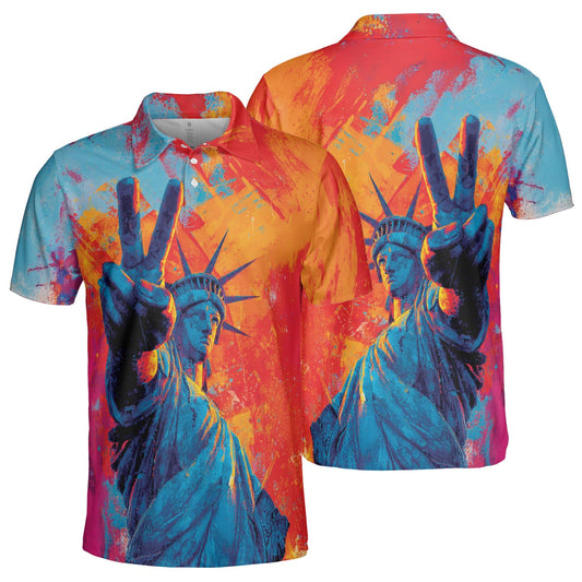 Statue of Liberty Patriotic Polo Shirt for Men Vibrant Peace Sign Moisture Wicking Short Sleeve Golf Top
