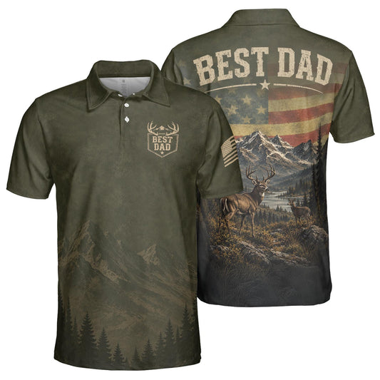 Best Dad Hunting Deer Polo Shirt For Men American Flag Moisture Wicking Short Sleeve Golf Top