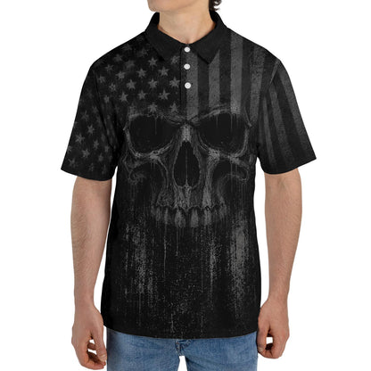 Blackout American Flag Skull Polo Shirt For Men Patriotic Moisture Wicking Short Sleeve Golf Top