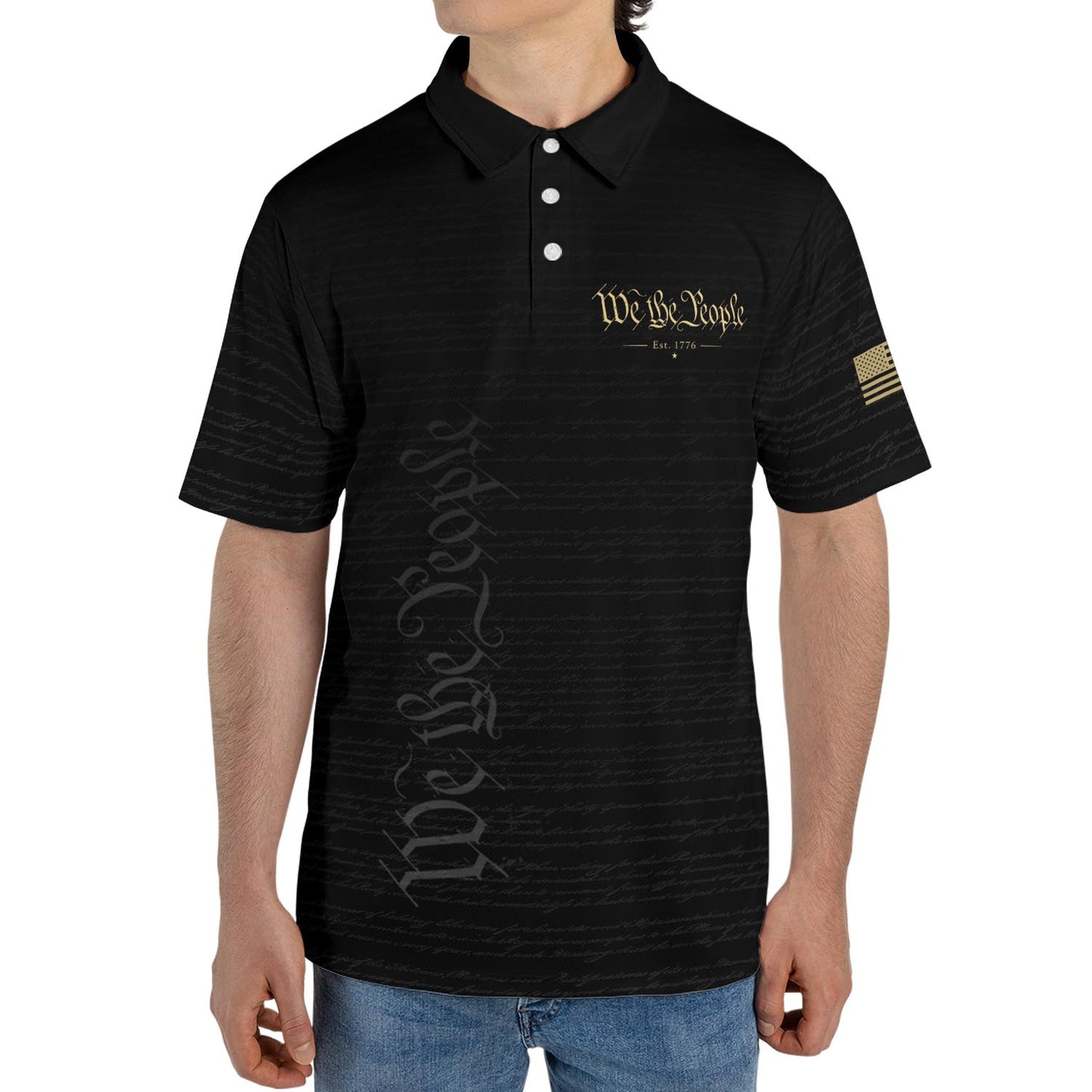 We The People Constitution Black Polo Shirt For Men Est 1776 Patriotic Moisture Wicking Short Sleeve Golf Top