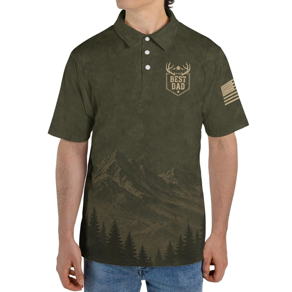 Best Dad Hunting Deer Polo Shirt For Men American Flag Moisture Wicking Short Sleeve Golf Top