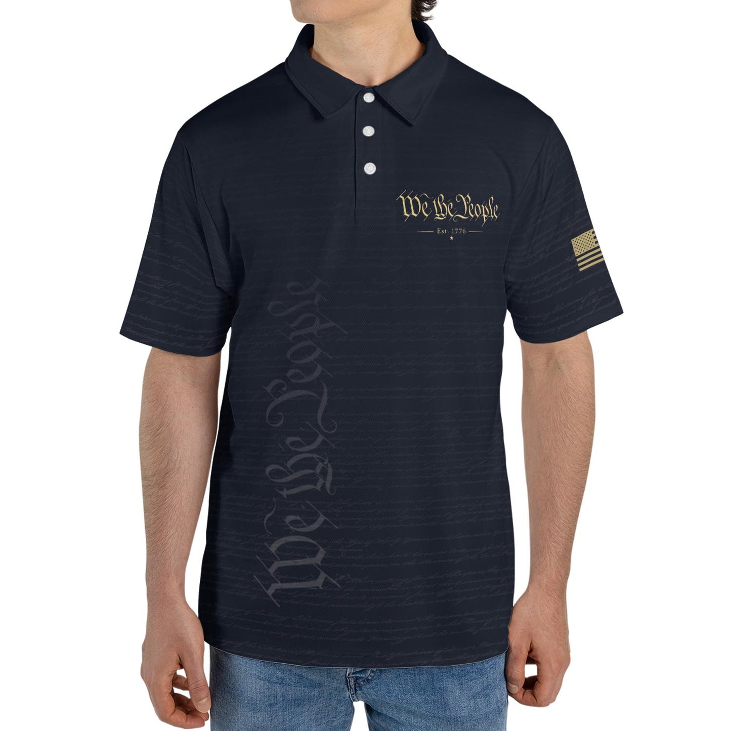 We The People Constitution Navy Blue Polo Shirt For Men Est 1776 Patriotic Moisture Wicking Short Sleeve Golf Top