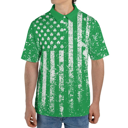 St Patricks Day Shamrock Flag Green Polo Moisture Wicking Short Sleeve Golf Shirt for Men