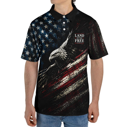 Land of the Free Eagle Polo Shirt for Men Patriotic American Flag 4th of July America 250 Moisture Wicking Short Sleeve Golf Shirt