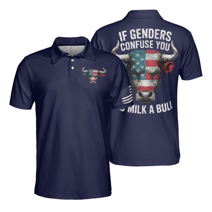 If Genders Confuse You Go Milk A Bull Navy Men's Polo Moisture Wicking Short Sleeve Golf Shirt