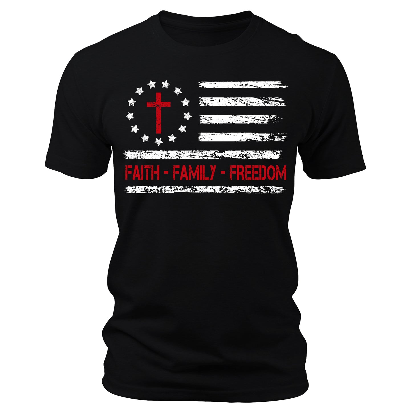 Faith Family Freedom - Patriotic Christian Vintage USA Flag T-Shirt