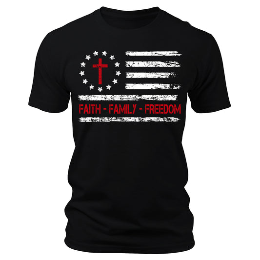 Faith Family Freedom - Patriotic Christian Vintage USA Flag T-Shirt