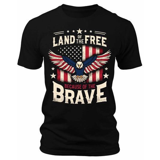 Men's Land Of The Free Because Of The Brave Eagle USA Flag T-Shirts Patriotic Short Sleeve Crewneck Graphic Tees