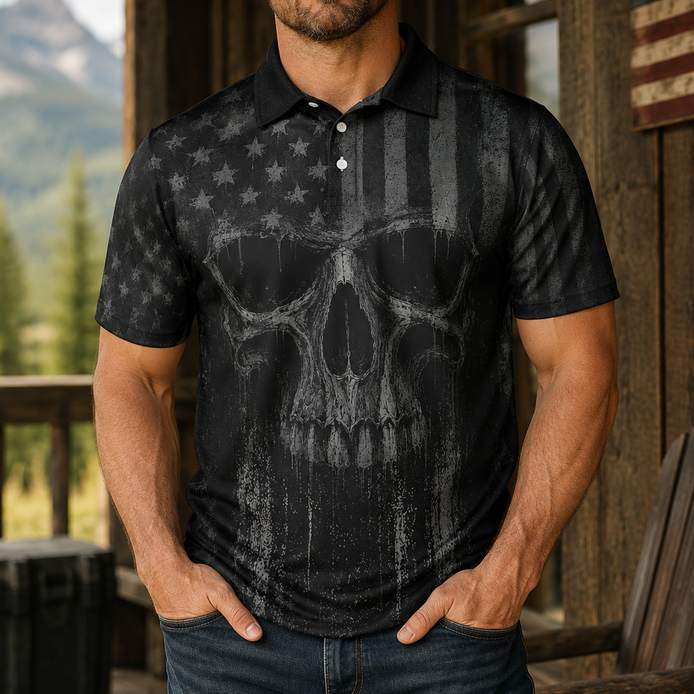 Blackout American Flag Skull Polo Shirt For Men Patriotic Moisture Wicking Short Sleeve Golf Top
