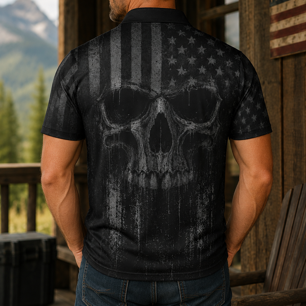Blackout American Flag Skull Polo Shirt For Men Patriotic Moisture Wicking Short Sleeve Golf Top