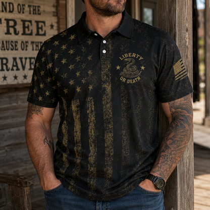 Don’t Tread On Me Gadsden Flag Polo Shirt for Men Liberty Or Death Patriotic Moisture Wicking Short Sleeve Golf Top