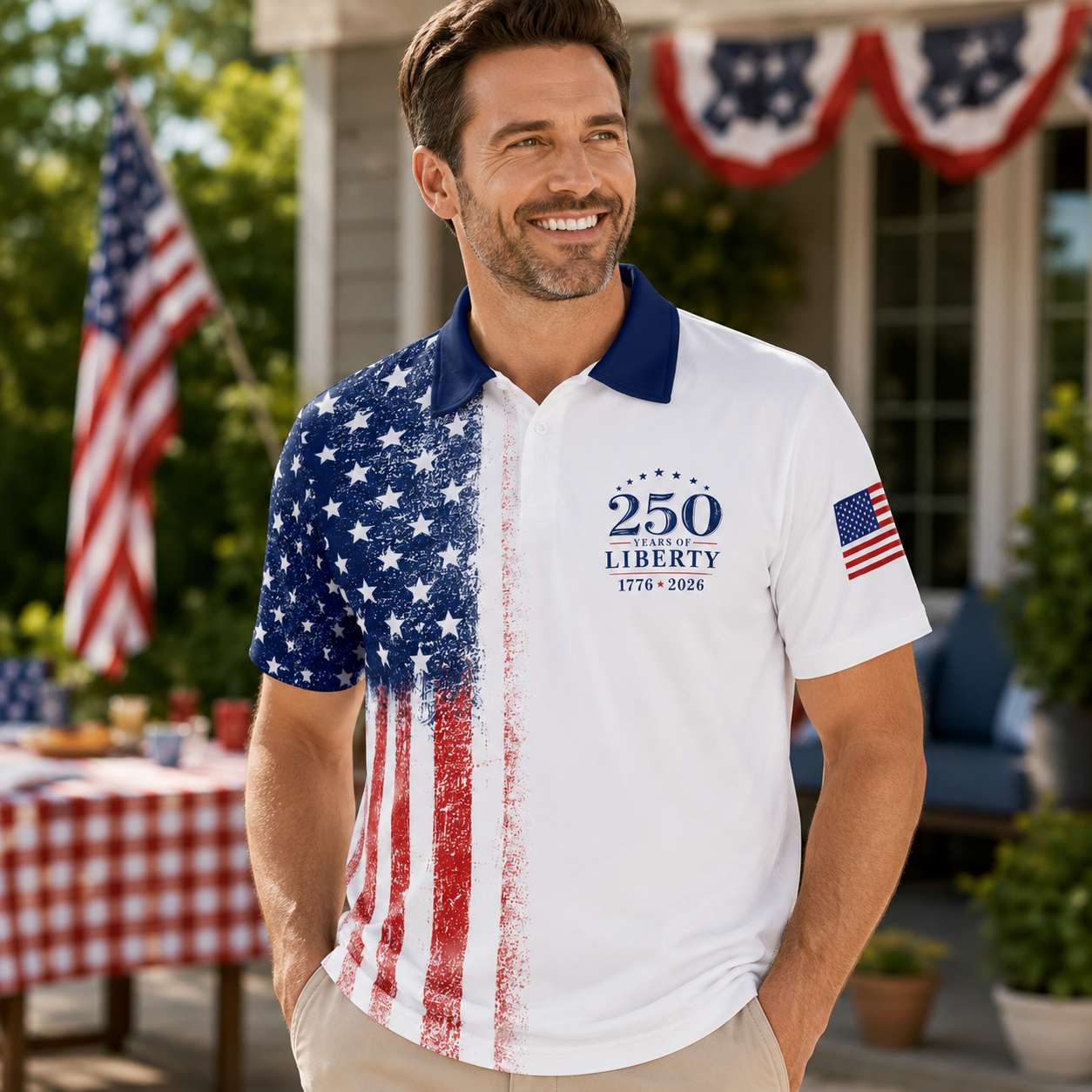 250 Years Of Liberty American Flag Polo Shirt For Men 1776 2026 Patriotic Moisture Wicking Short Sleeve Golf Top