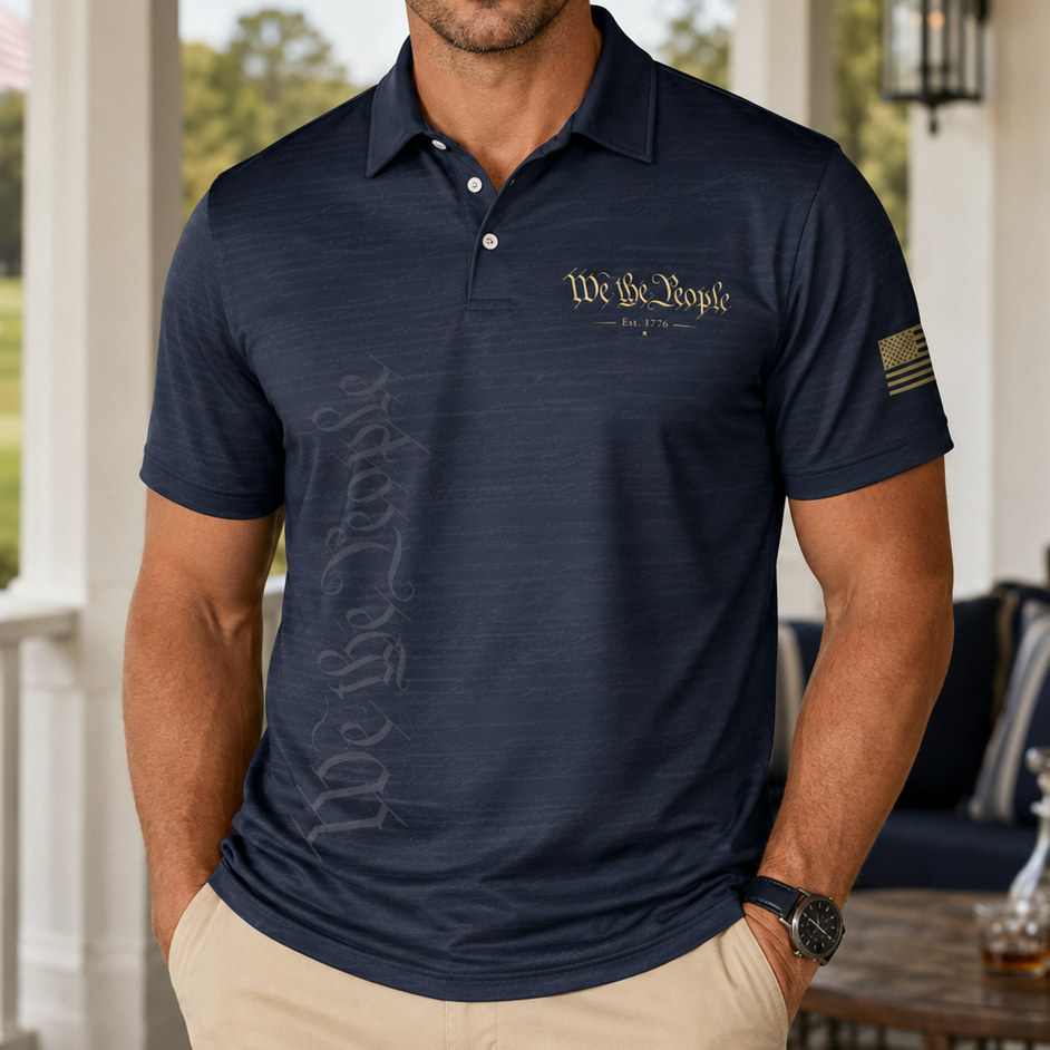 We The People Constitution Navy Blue Polo Shirt For Men Est 1776 Patriotic Moisture Wicking Short Sleeve Golf Top