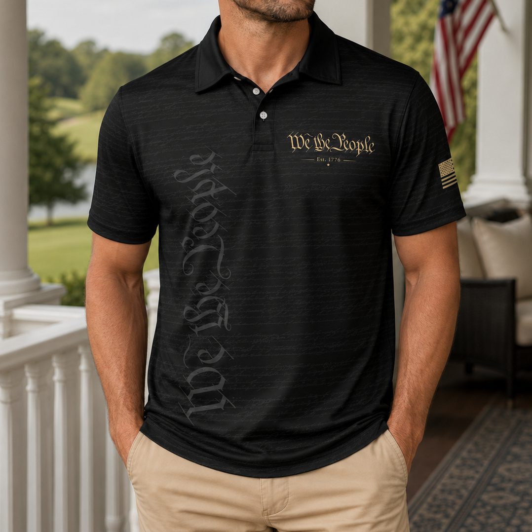 We The People Constitution Black Polo Shirt For Men Est 1776 Patriotic Moisture Wicking Short Sleeve Golf Top