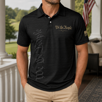 We The People Constitution Black Polo Shirt For Men Est 1776 Patriotic Moisture Wicking Short Sleeve Golf Top