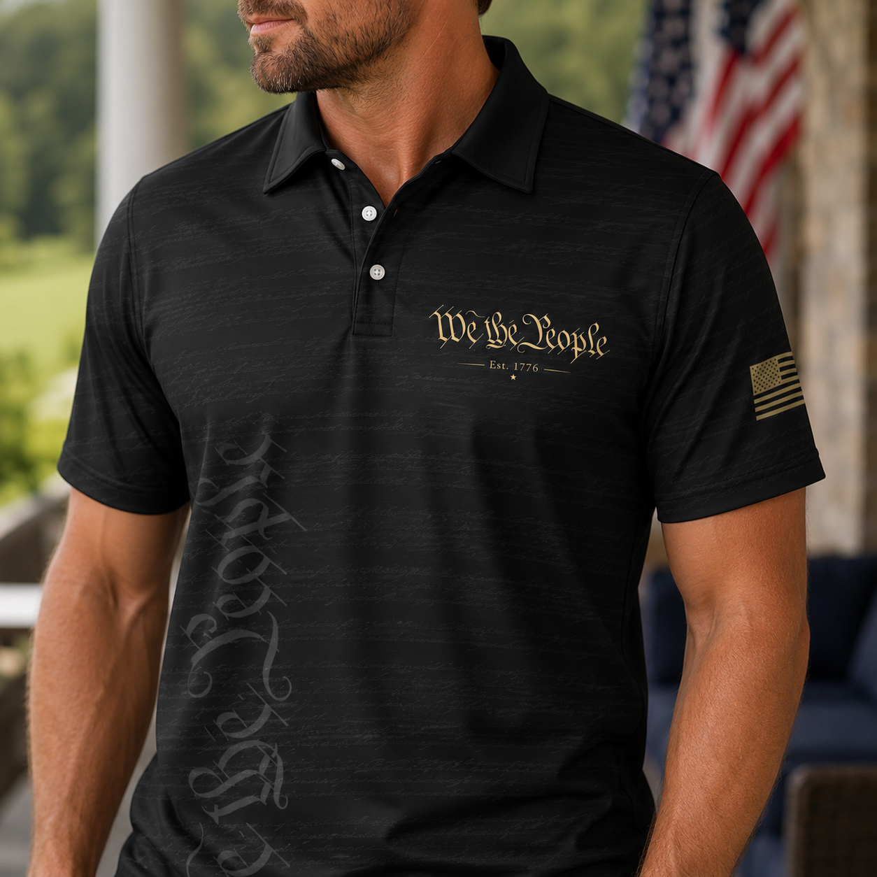We The People Constitution Black Polo Shirt For Men Est 1776 Patriotic Moisture Wicking Short Sleeve Golf Top