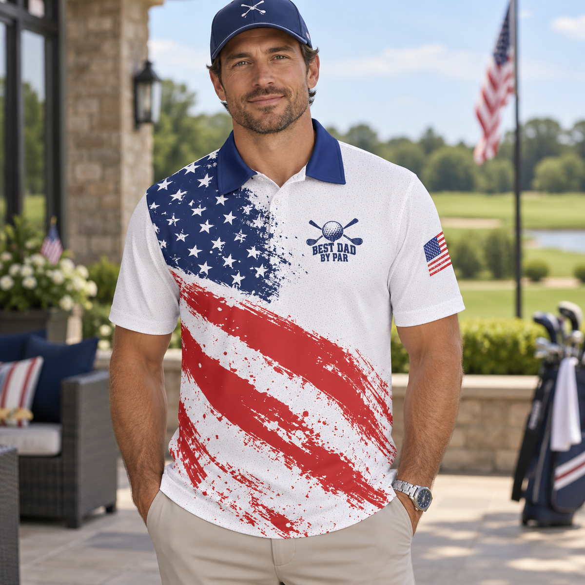 Best Dad By Par Golf Polo Shirt For Men American Flag Patriotic Moisture Wicking Short Sleeve Top