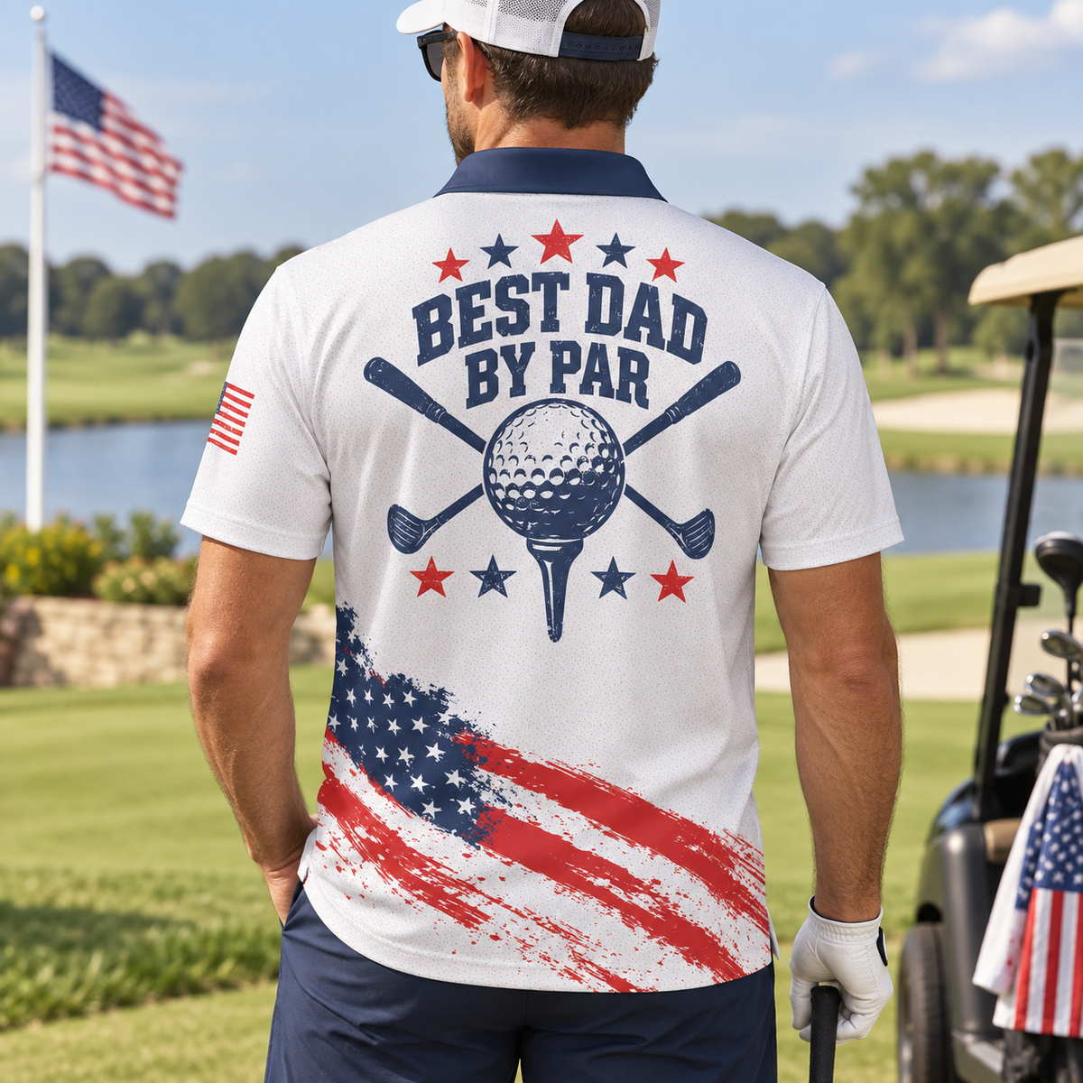Best Dad By Par Golf Polo Shirt For Men American Flag Patriotic Moisture Wicking Short Sleeve Top
