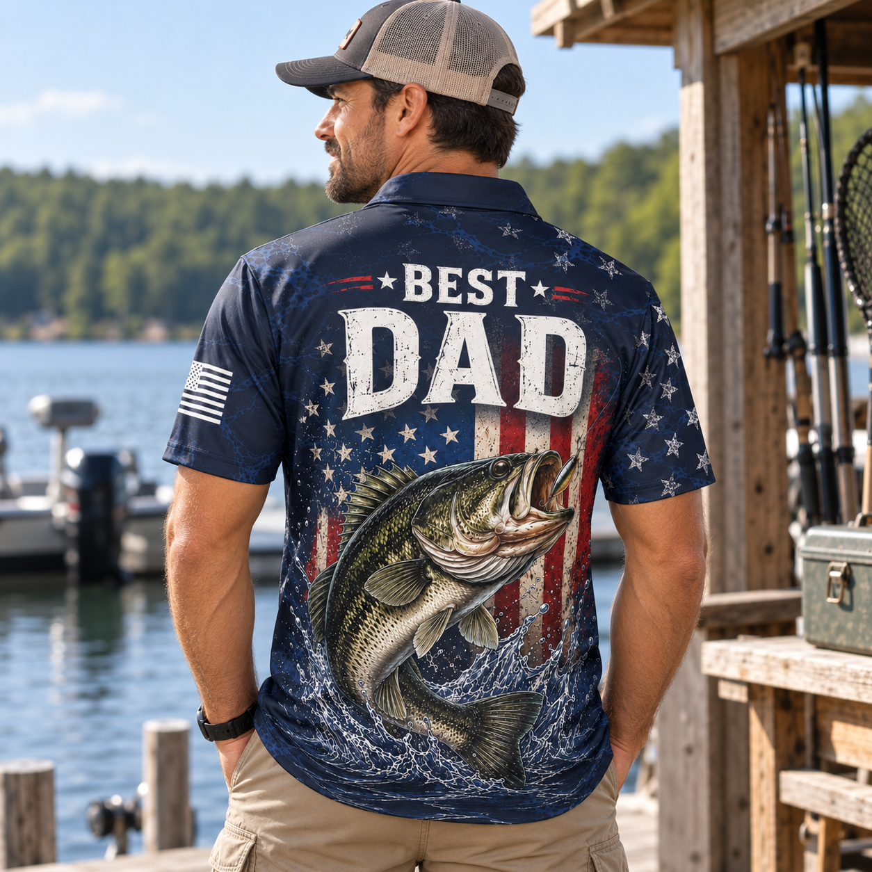 Best Dad Fishing Polo Shirt For Men American Flag Patriotic Moisture Wicking Short Sleeve Golf Top