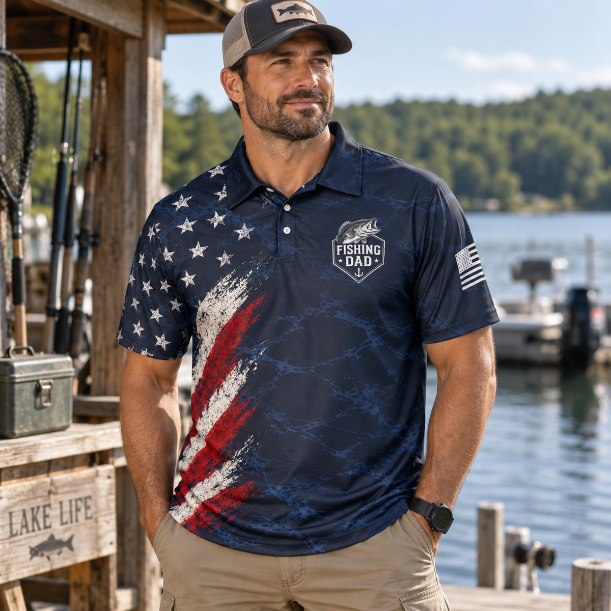 Best Dad Fishing Polo Shirt For Men American Flag Patriotic Moisture Wicking Short Sleeve Golf Top