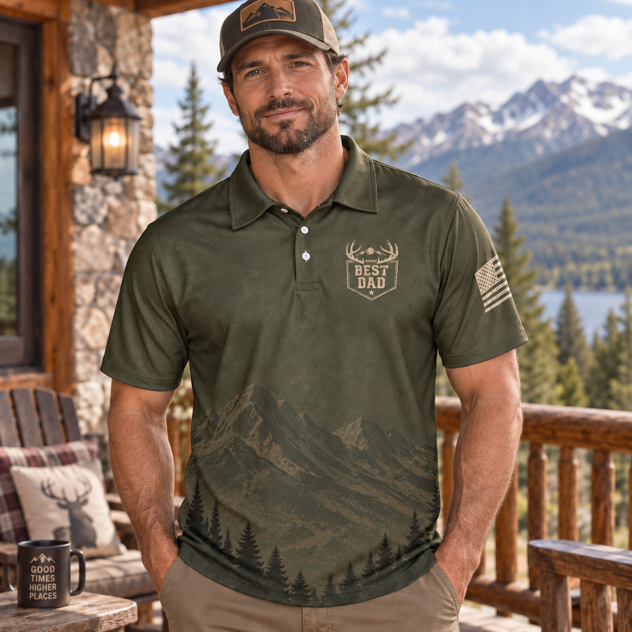 Best Dad Hunting Deer Polo Shirt For Men American Flag Moisture Wicking Short Sleeve Golf Top