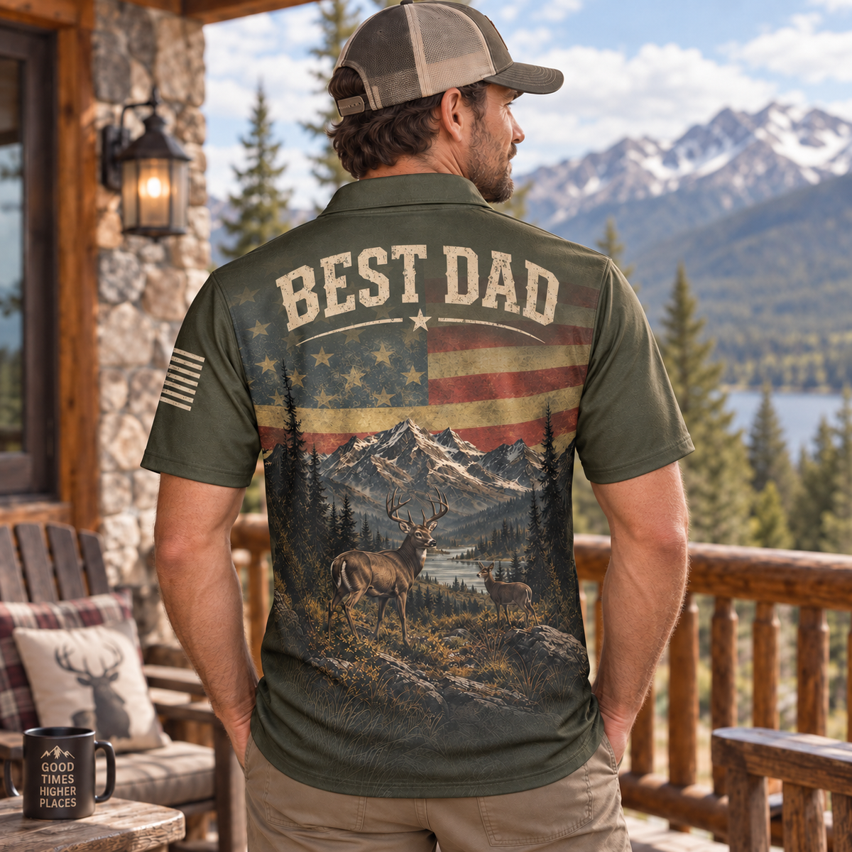 Best Dad Hunting Deer Polo Shirt For Men American Flag Moisture Wicking Short Sleeve Golf Top