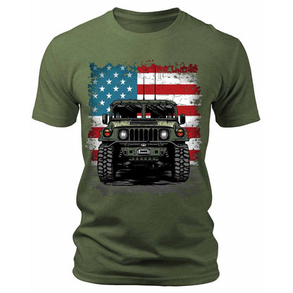 Men's Trendy Military Truck USA Flag T-Shirts Patriotic Short Sleeve Crewneck Graphic Tees
