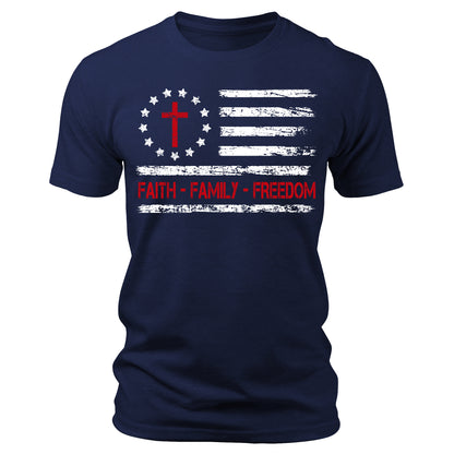 Faith Family Freedom - Patriotic Christian Vintage USA Flag T-Shirt