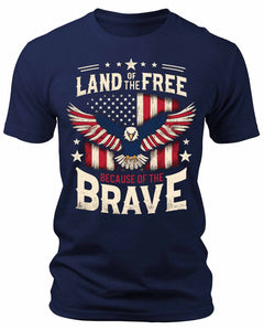 Men's Land Of The Free Because Of The Brave Eagle USA Flag T-Shirts Patriotic Short Sleeve Crewneck Graphic Tees