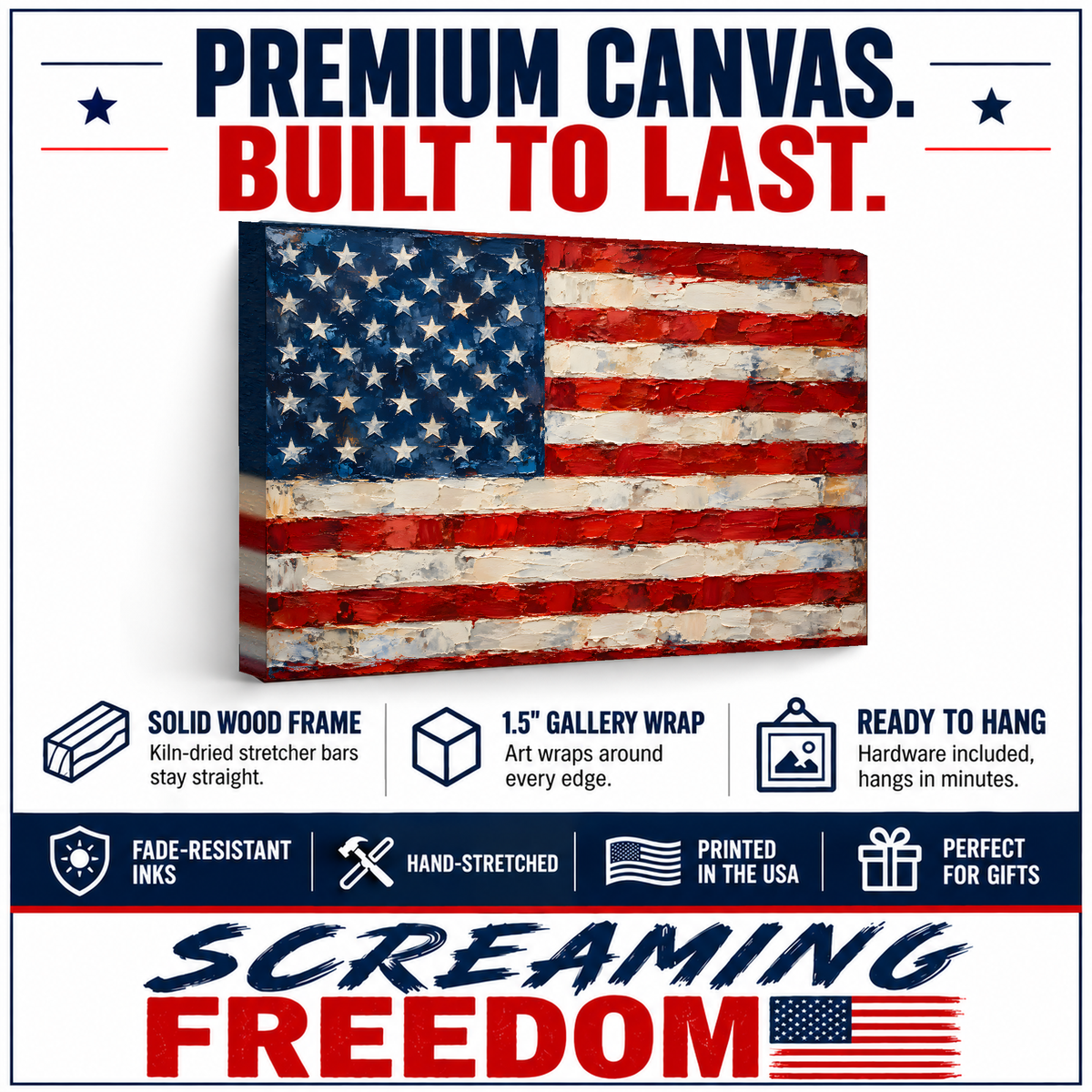 American Flag Canvas Wall Art features: solid wood frame, 1.5 inch gallery wrap, ready to hang, fade-resistant inks