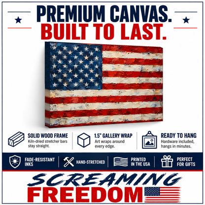 American Flag Canvas Wall Art features: solid wood frame, 1.5 inch gallery wrap, ready to hang, fade-resistant inks