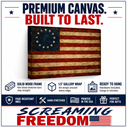 Betsy Ross 1776 Flag Canvas Wall Art features: solid wood frame, 1.5 inch gallery wrap, ready to hang, fade-resistant inks