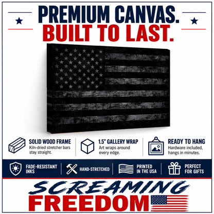 Black American Flag Canvas Wall Art features: solid wood frame, 1.5 inch gallery wrap, ready to hang, fade-resistant inks