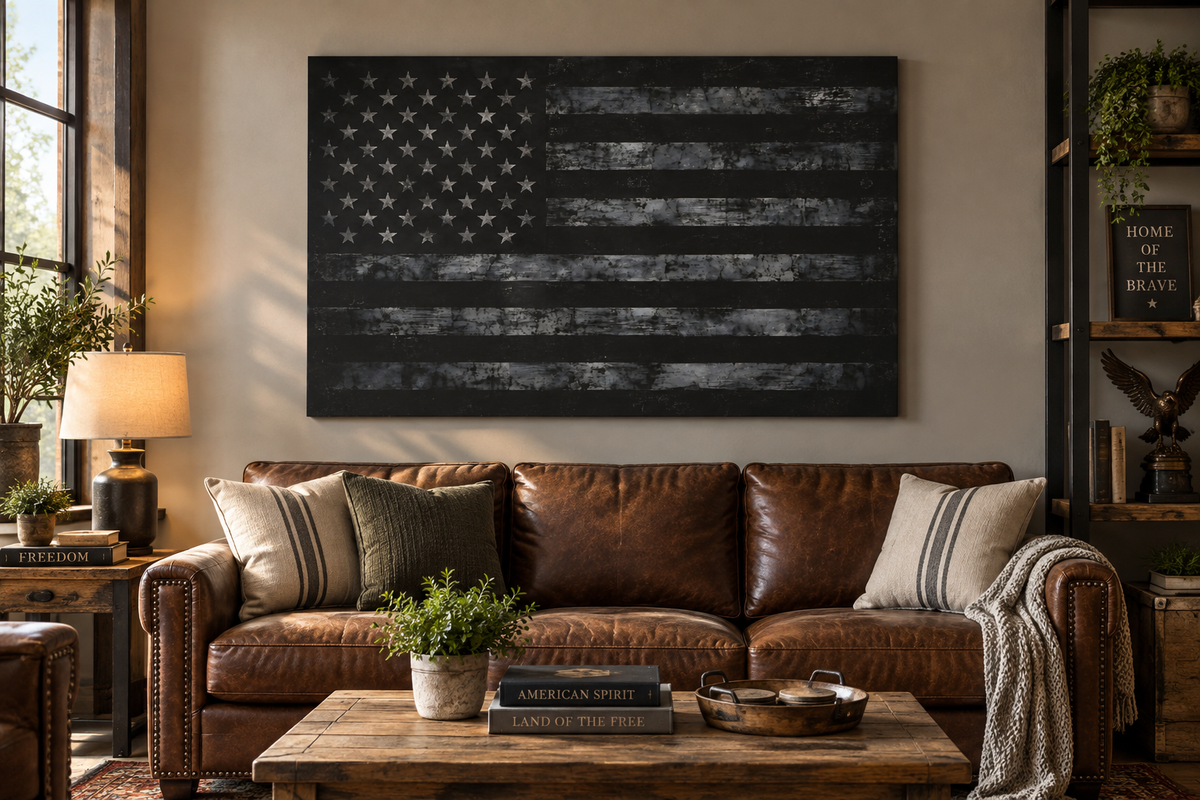 Black American Flag Canvas Wall Art in living room