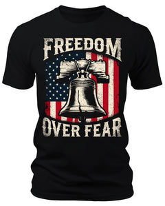 Men's Freedom Over Fear Liberty Bell T-Shirts Patriotic Short Sleeve Crewneck Graphic Tees