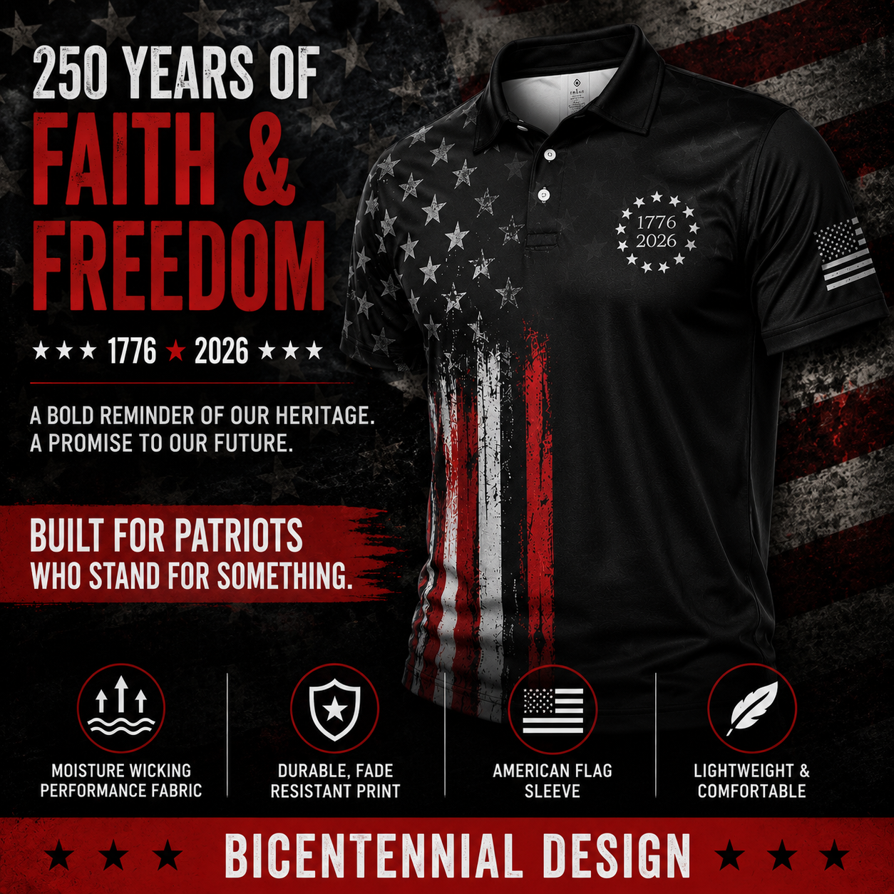 4th of July Polo Shirts for Men 250th Anniversary Patriotic American Flag Moisture Wicking Short Sleeve Golf Top