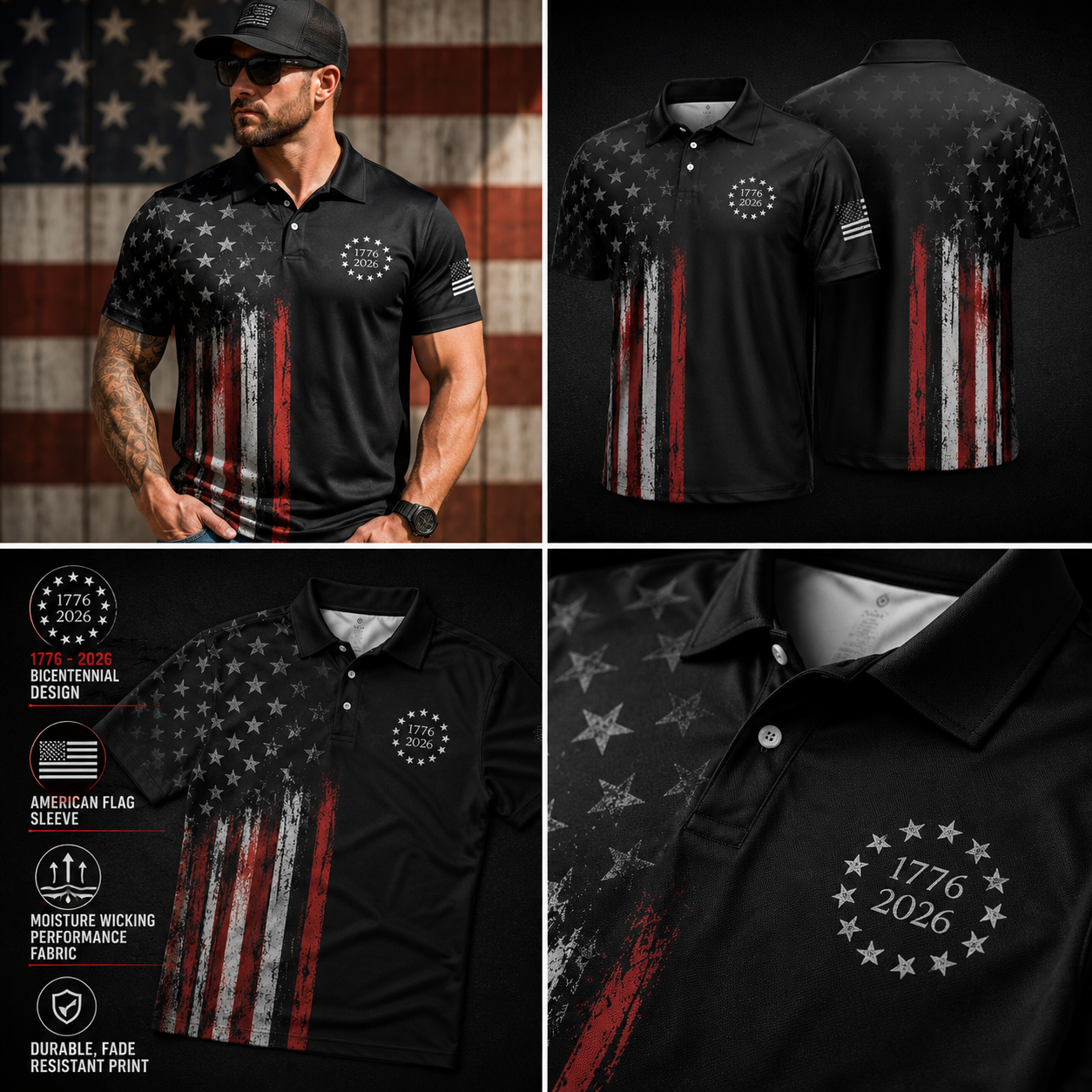 4th of July Polo Shirts for Men 250th Anniversary Patriotic American Flag Moisture Wicking Short Sleeve Golf Top