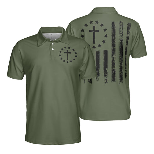 Christian Cross American Flag Men's Polos Moisture Wicking Short Sleeve Golf Shirts