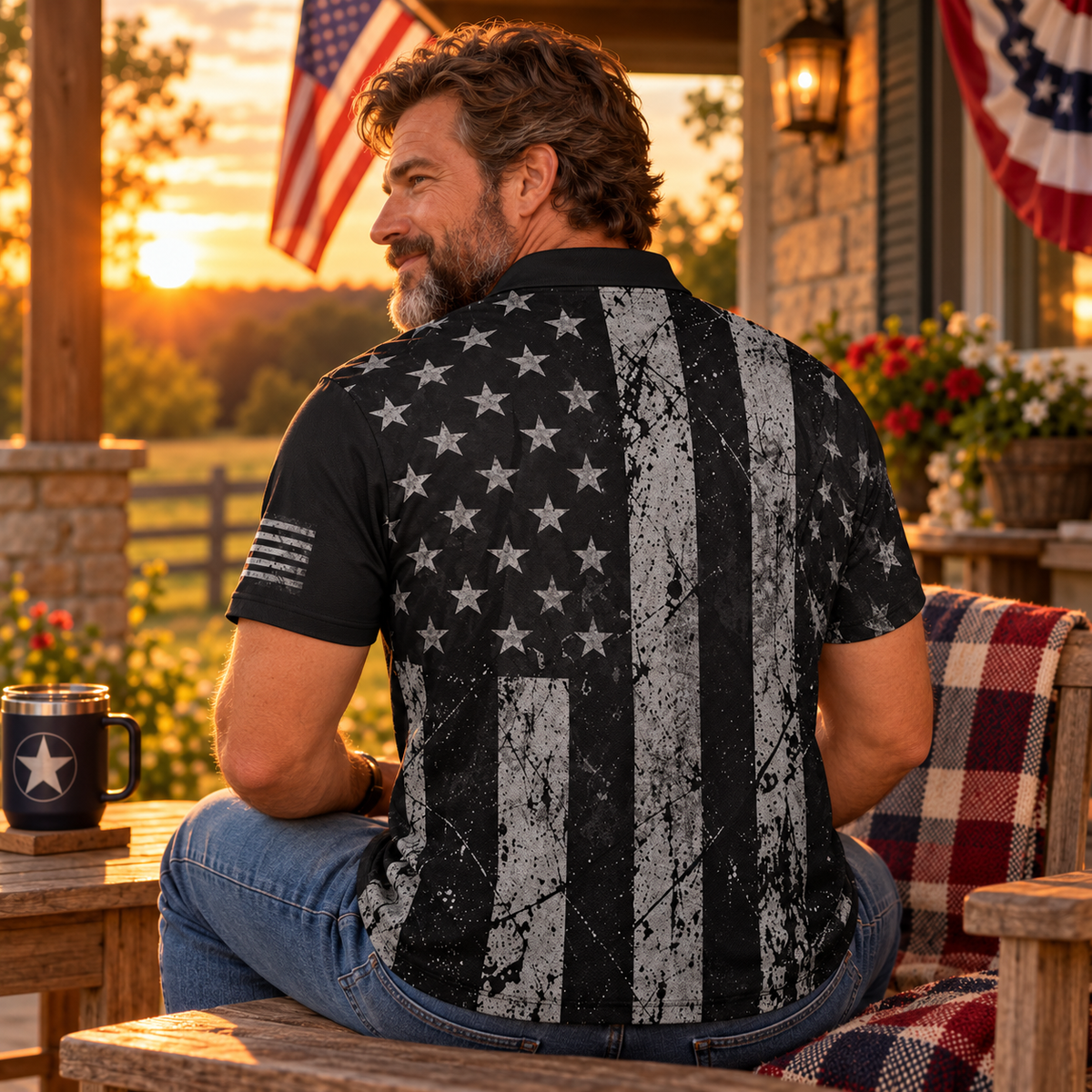 Dad Blackout American Flag moisture wicking golf polo - lifestyle back