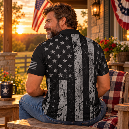 Dad Blackout American Flag moisture wicking golf polo - lifestyle back