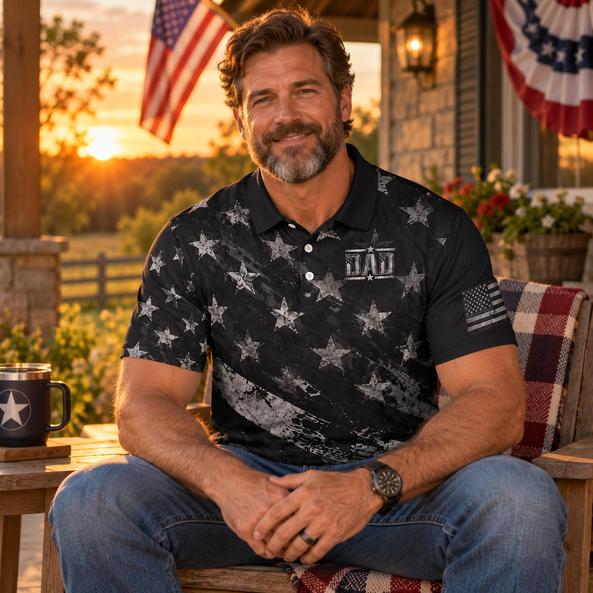 Dad Blackout American Flag moisture wicking golf polo - lifestyle front