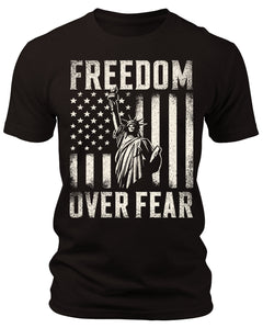 Men's Freedom Over Fear Lady Liberty T-Shirts Patriotic Short Sleeve Crewneck Graphic Tees
