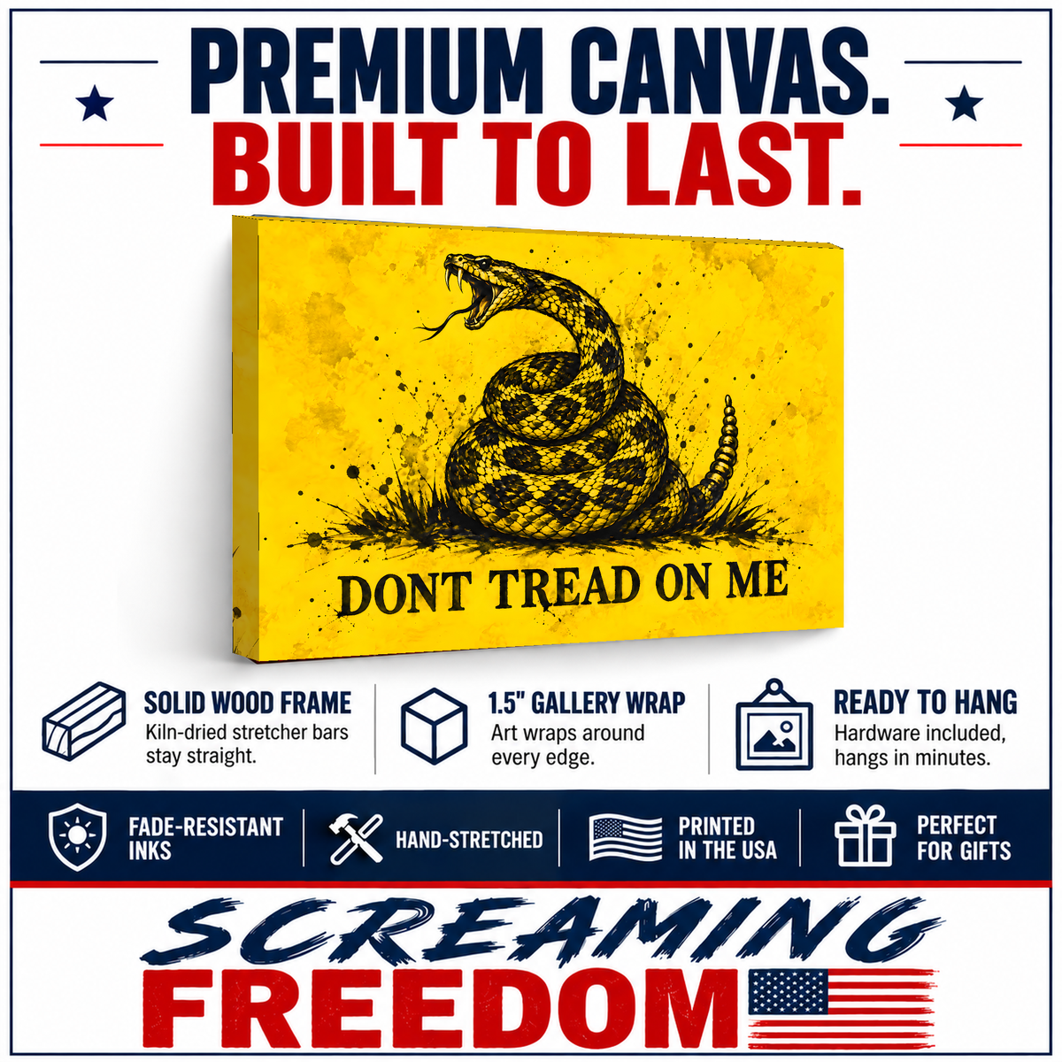 Gadsden Flag Canvas Wall Art features: solid wood frame, 1.5 inch gallery wrap, ready to hang, fade-resistant inks